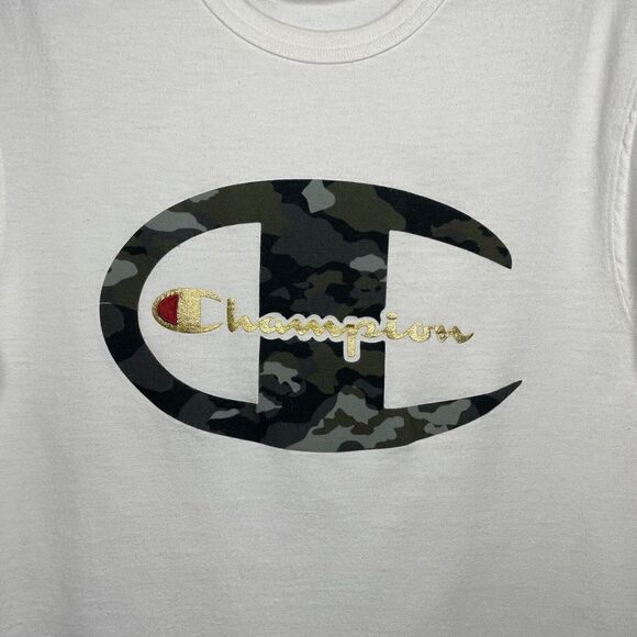 CHAMPION Mens White Big-C T-Shirt Small S Green Camouflage Logo - Picture 2 of 7